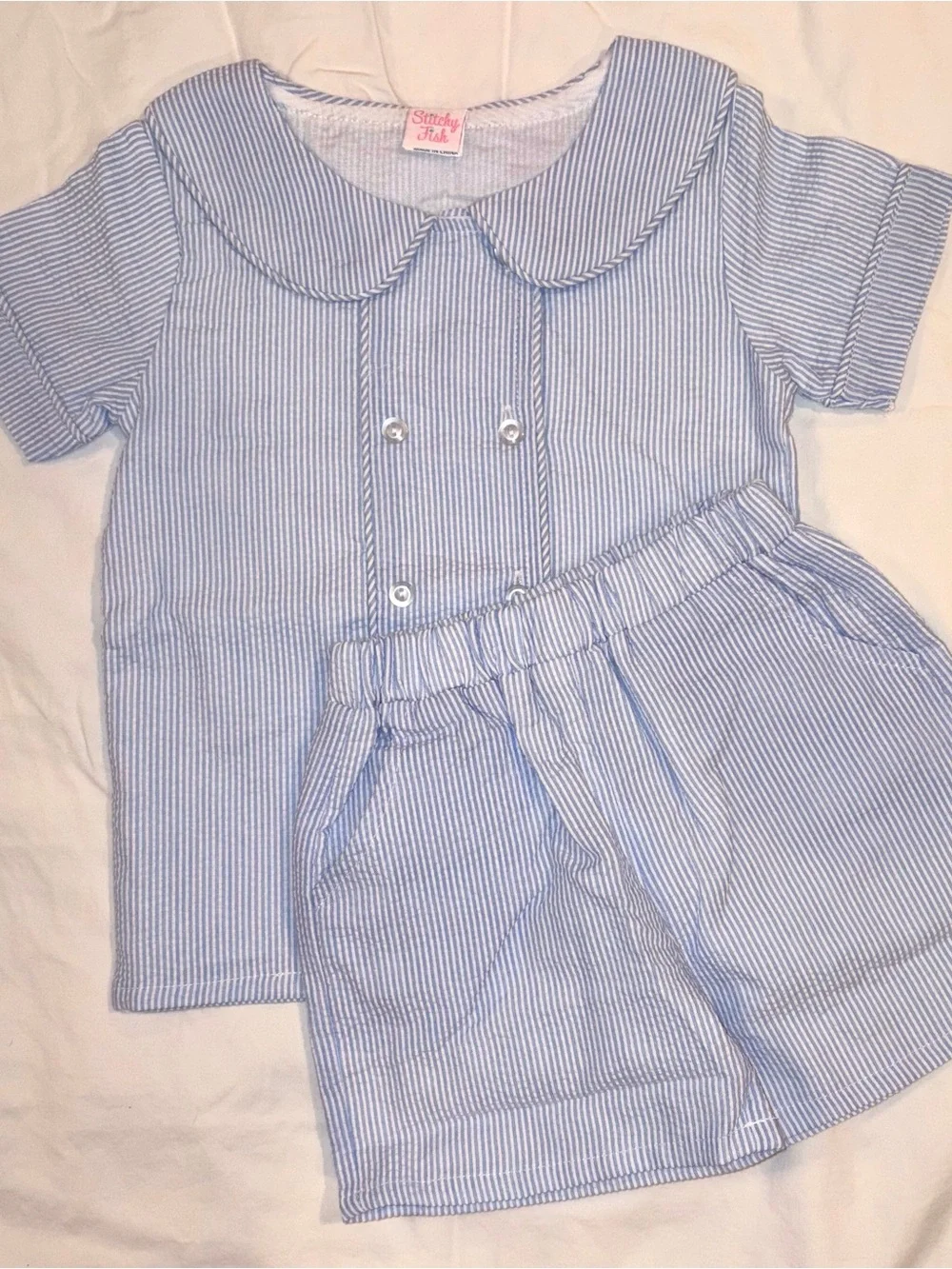 Stitchy Fish blue Simple seersucker short set  sz 2T NWT